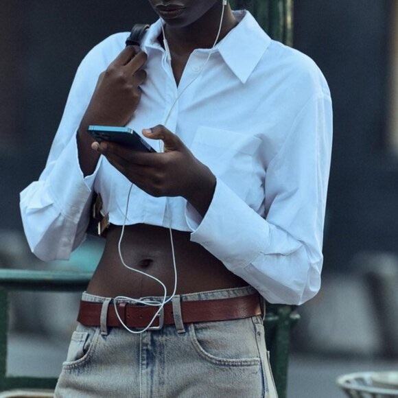 Zara Cropped White Collared Shirt - Gabardine Shirt - Picture 4 of 9